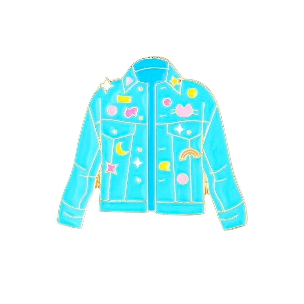 Blue Denim Jacket Enamel Pin Gold Tone Celestial Rainbow Patches Lapel Pin